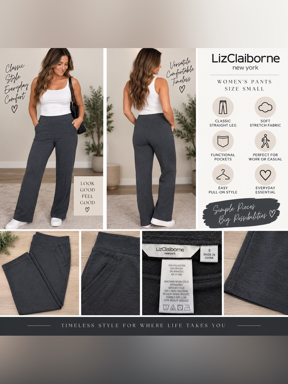 Liz Claiborne Dark Charcoal Gray stretch pull on pants - women’s